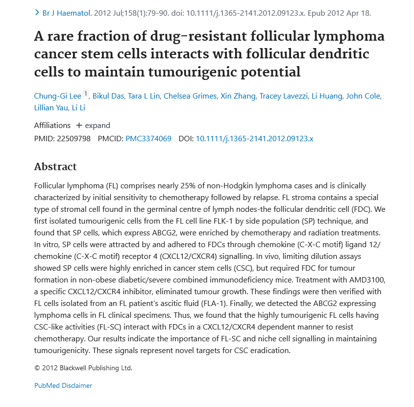 Image of A rare fraction of drug resistant follicular lymphoma cancer stem cells interacts with follicular dendritic cells to maintain tumorigenic potential