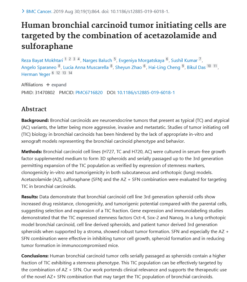 Image of Human bronchial carcinoid tumor initiating cells are targeted by the combination of acetazolamide and sulforaphane