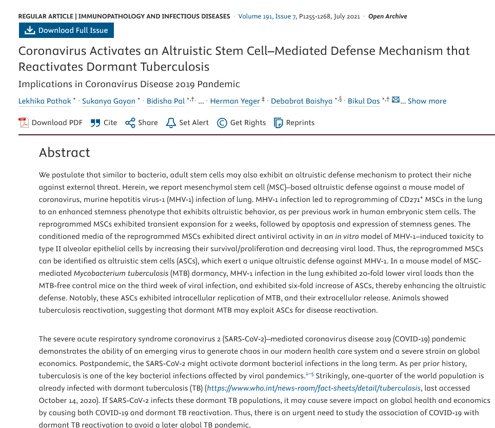 Image of Coronavirus Activates an Altruistic Stem Cell-Mediated Defense Mechanism that Reactivates Dormant Tuberculosis: Implications in Coronavirus Disease 2019 Pandemic