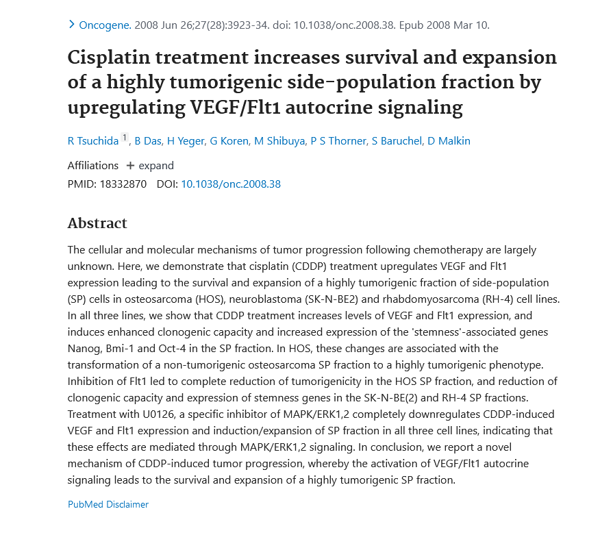 Image of Cisplatin treatment increases survival and expansion of a highly tumorigenic side-population fraction by upregulating VEGF/Flt1 autocrine signaling