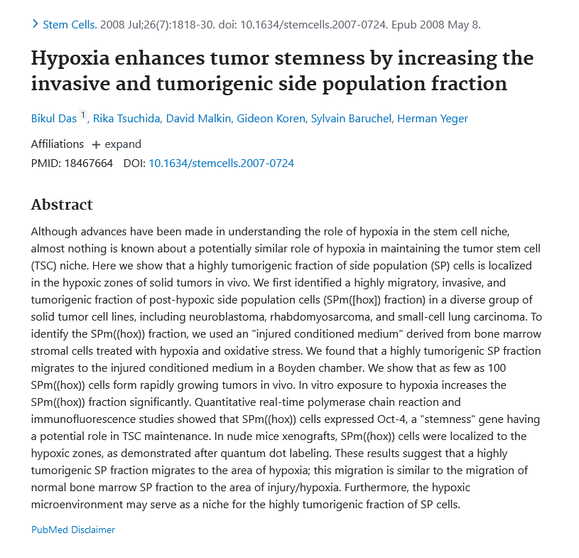 Image of Hypoxia enhances tumor stemness by increasing the invasive and tumorigenic side population fraction